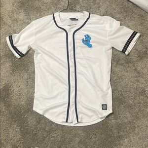 White Santa Cruz Baseball Jersey with Blue Hand